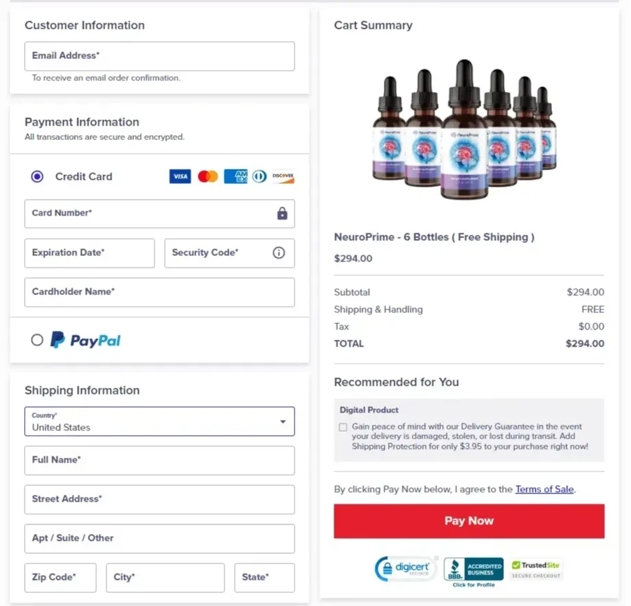 NeuroPrime Secured Order Page